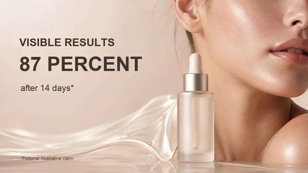 Recreated beauty advertisement with fictional English product claim burned into the frame