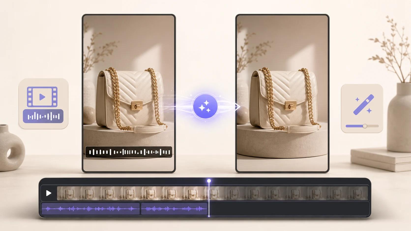 Two e-commerce product video previews showing a captioned frame changing into a clean master