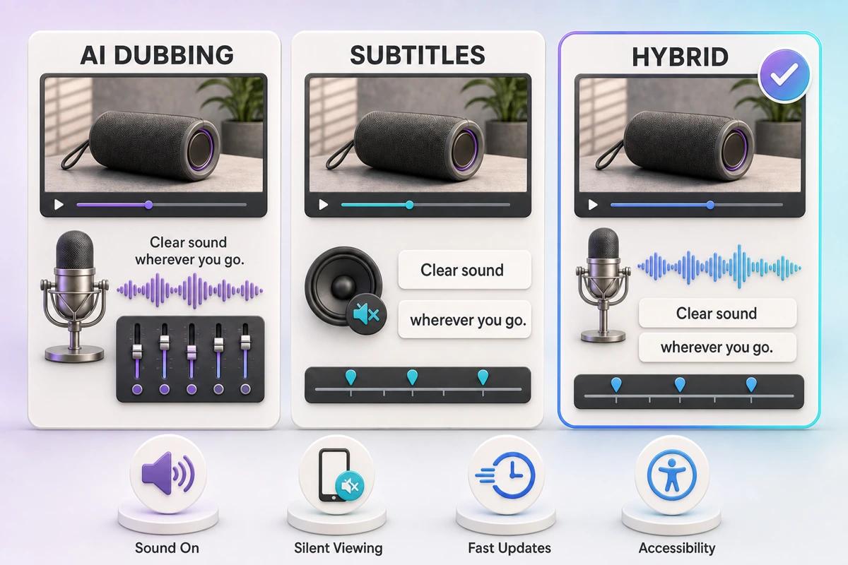 AI dubbing, subtitles, and hybrid product-video comparison using the same Clear sound wherever you go message