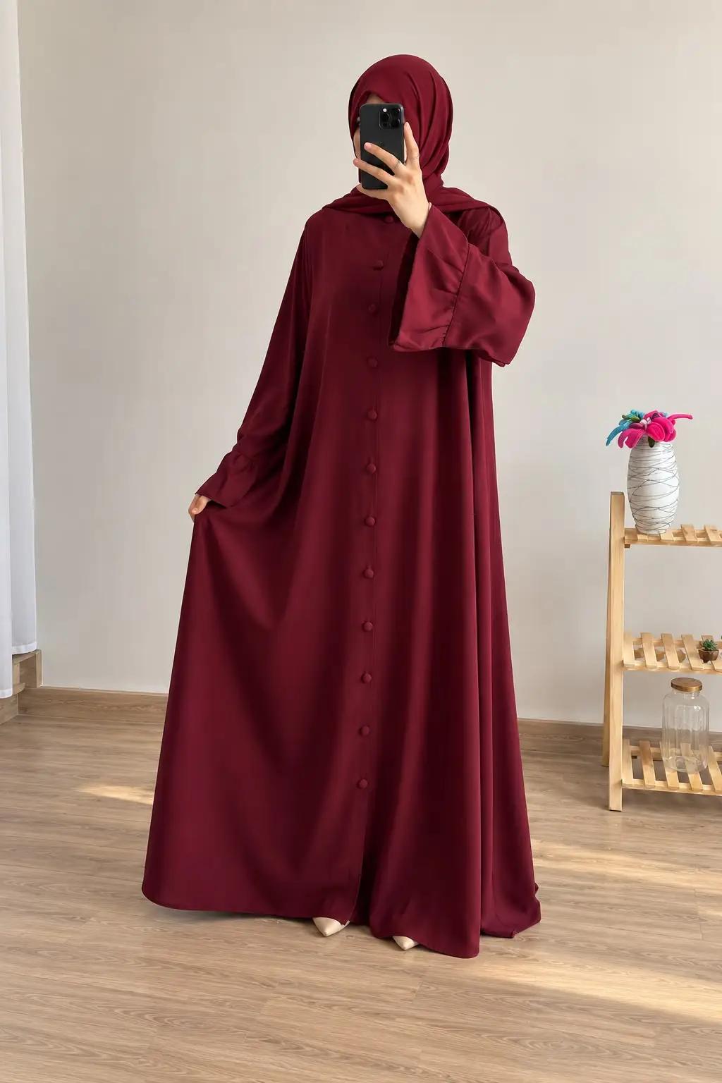 Ruffle Button Abaya with Matching Scarf & Stole – Maroon