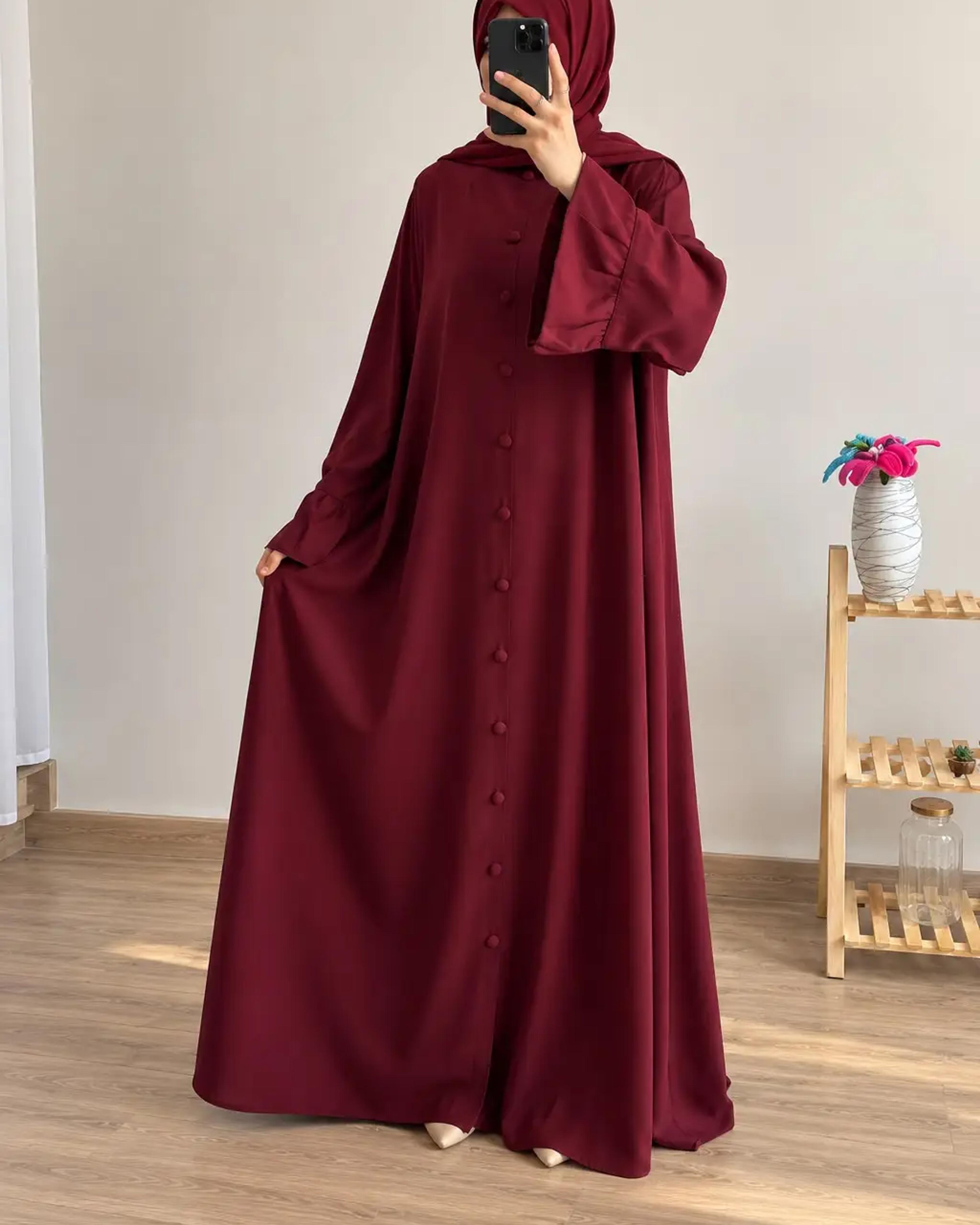 Ruffle Button Abaya with Matching Scarf & Stole – Maroon