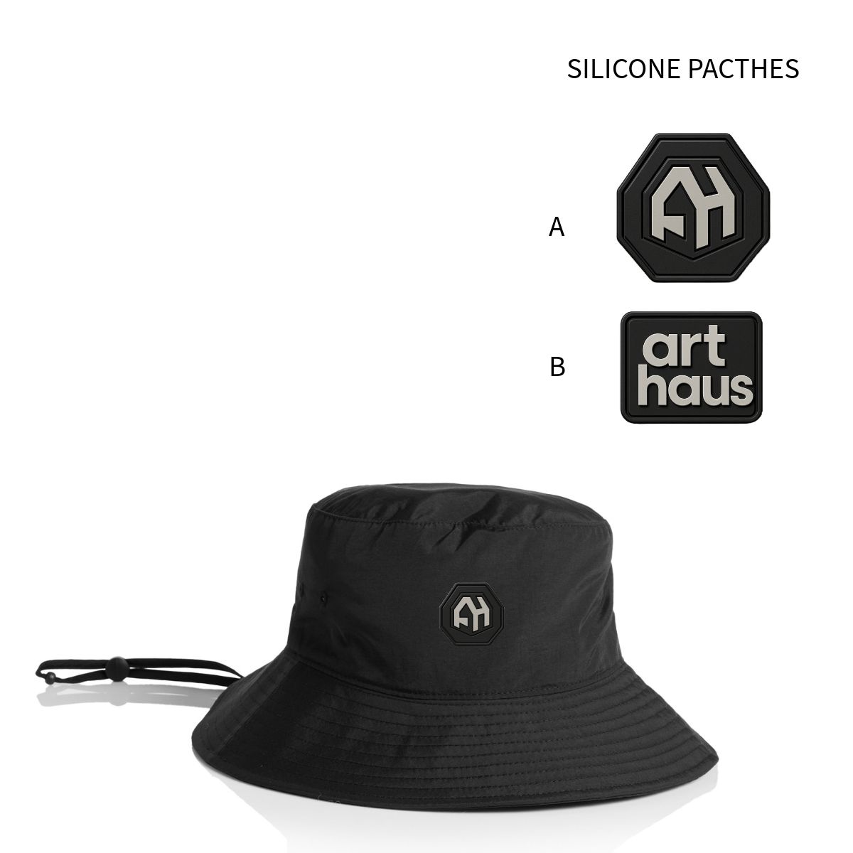 Black Art Haus bucket hat with silicone AH patch and logo patch options.