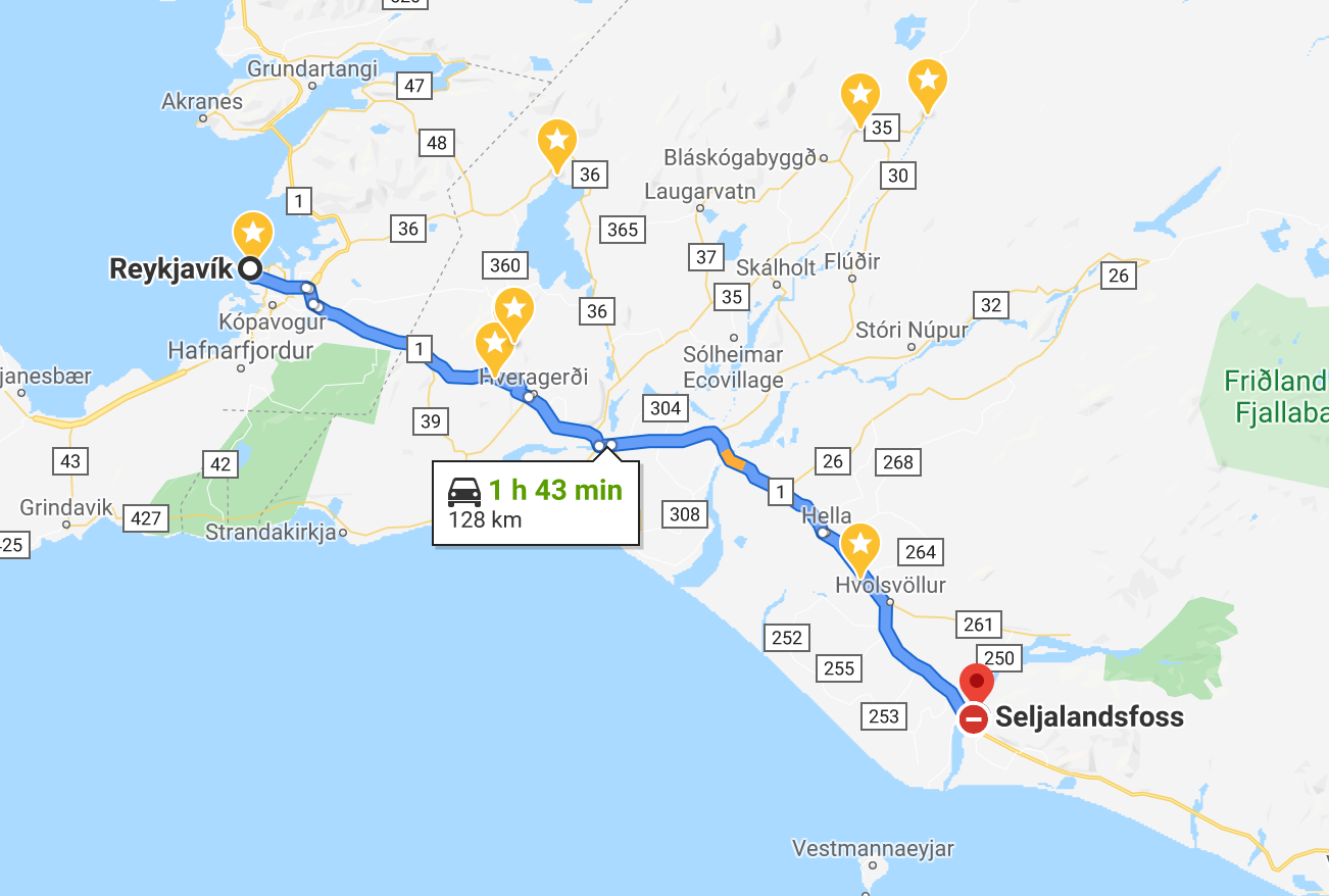 Driving route from Reykjavik to Seljalandsfoss