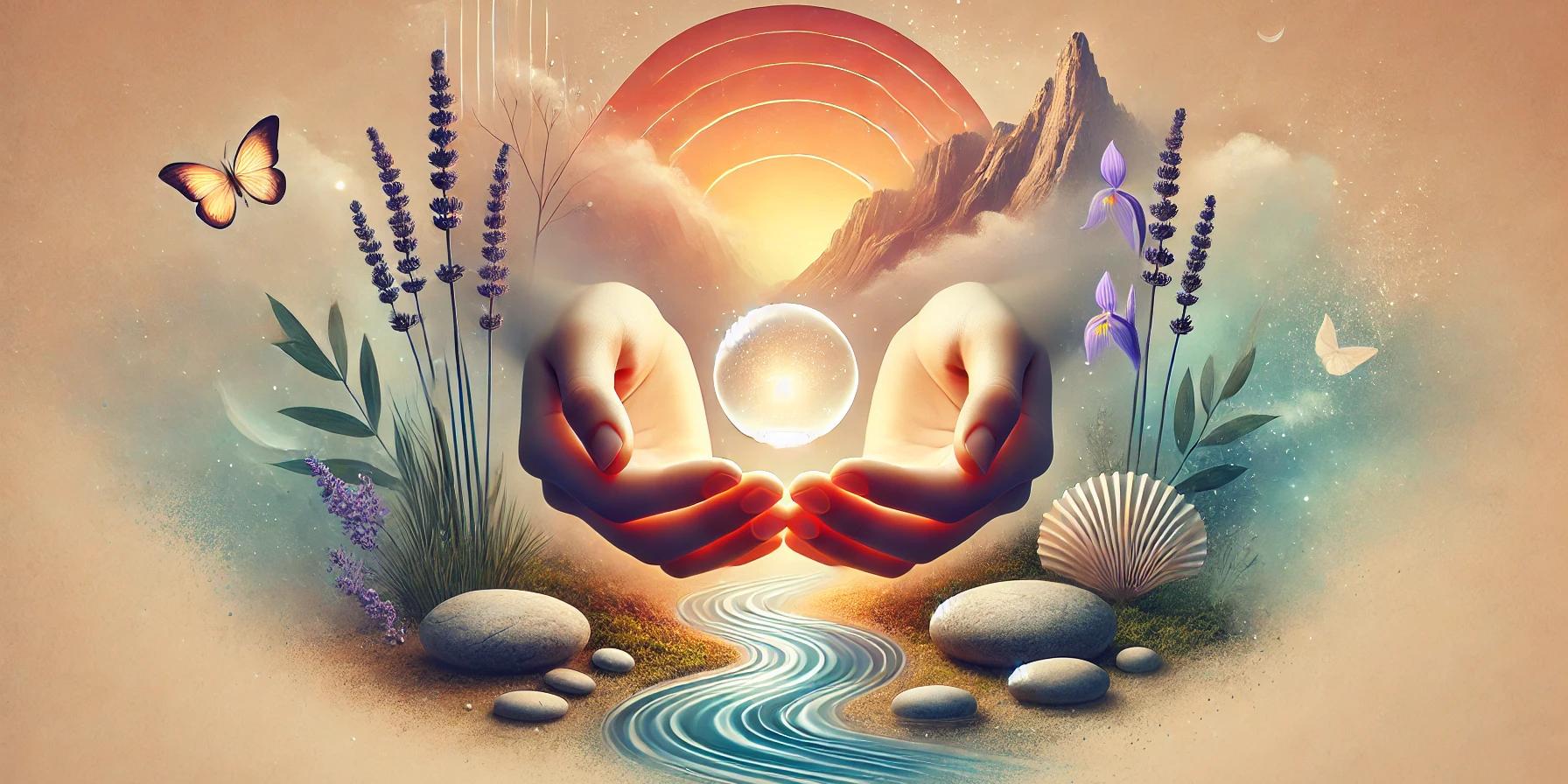 An artistic representation of grounding and calmness: a pair of hands gently cupping a glowing orb emitting soft light, surrounded by serene natural elements like flowing water, smooth stones, and lavender flowers. The background transitions into a dreamy gradient sky with warm hues, evoking a soothing and contemplative atmosphere.