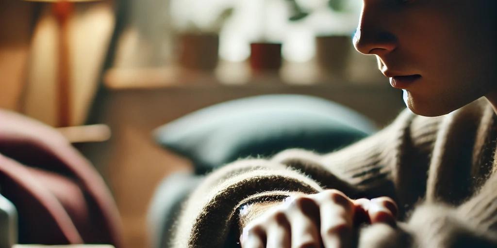 A heartfelt and empathetic image of a young person sitting in a quiet, softly lit room, reflecting deep emotional introspection