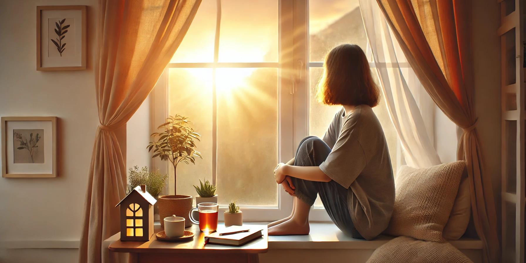 A serene and hopeful image of a young person sitting on a windowsill, gazing at a glowing sunrise. Their posture is relaxed with a subtle smile, suggesting optimism and calmness. A small table nearby holds a journal, a cup of tea, and a small plant, symbolizing tools for coping and healing. The scene is bathed in soft, warm light filtering through curtains, creating a safe and inviting atmosphere that conveys a sense of renewal and hope for recovery.
