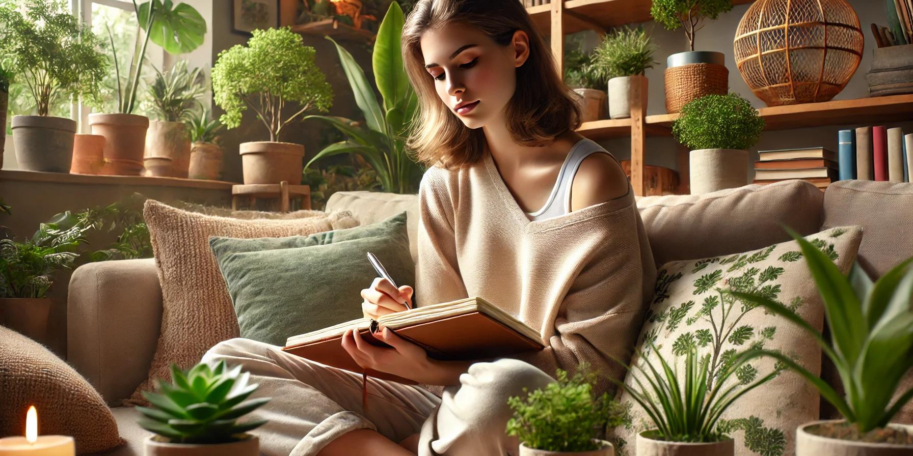 A young woman sits in a cozy and well-lit room surrounded by soft pillows, lush green plants, and a notebook she is writing in. Her posture and actions reflect calm focus, as she faces slightly away from the camera. The warm and inviting background features shelves filled with books and plants, creating a serene and natural atmosphere.