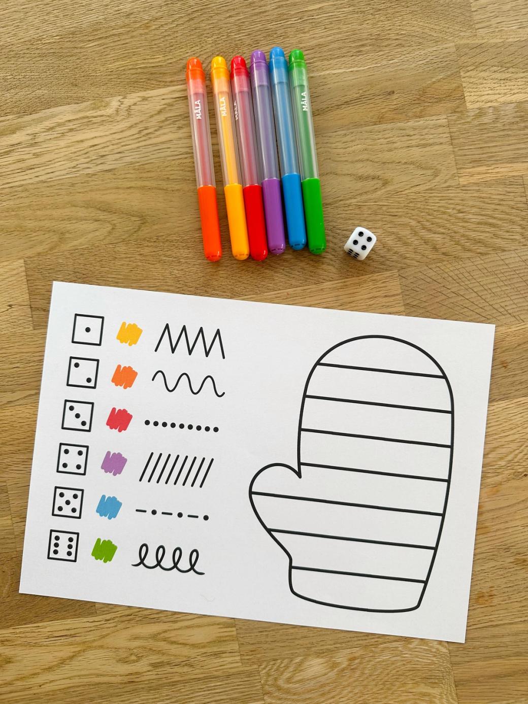Würfel-Handschuh Vorlage mit bunten Stiften