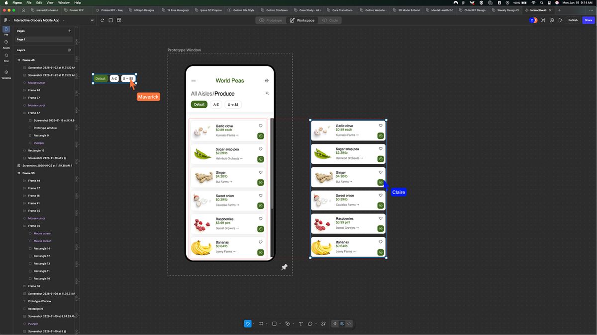 Two designers collaborating on the same design prototype in Figma.