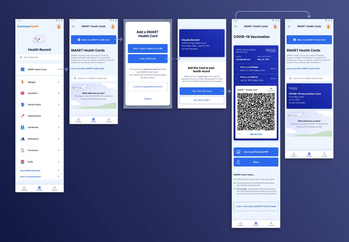 SMART Health Cards UI workflow