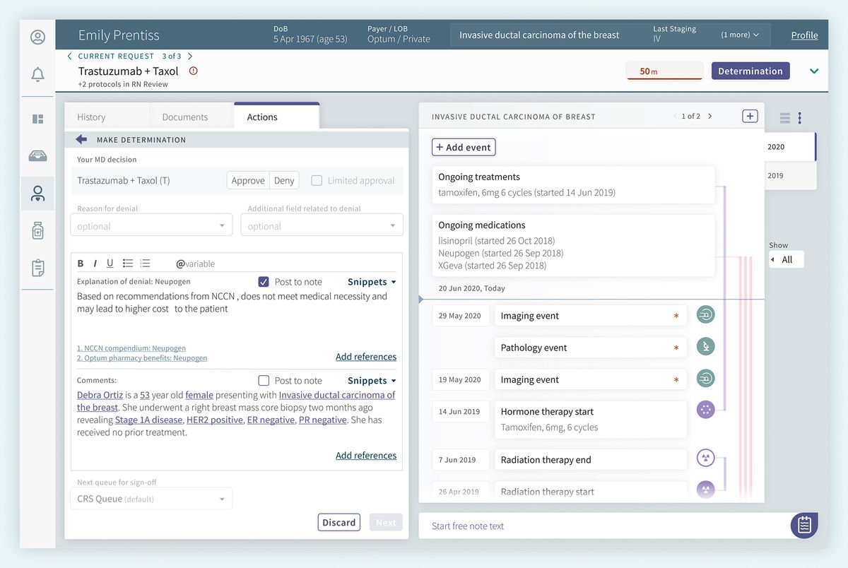 Displaying the actions tab besides the patient timeline view