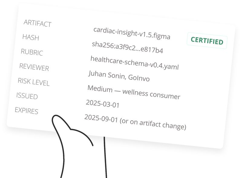 Certified example showing a hand holding a phone with health data