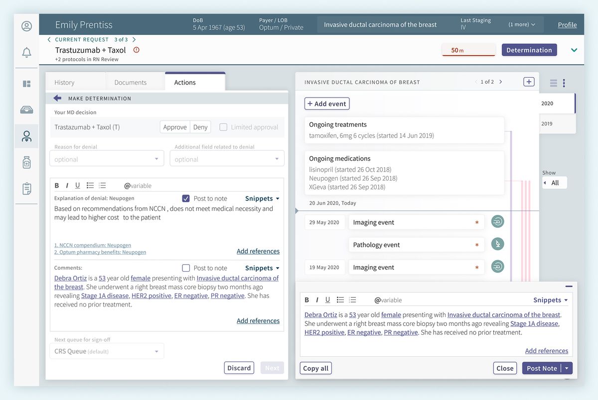 Displaying the case action tab with notes open and filled