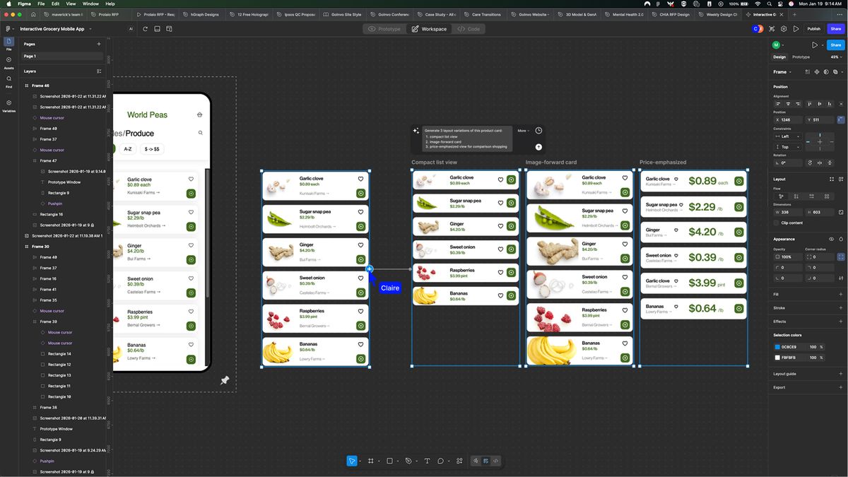 A designer is editing and prompting multiple screen states of a design.