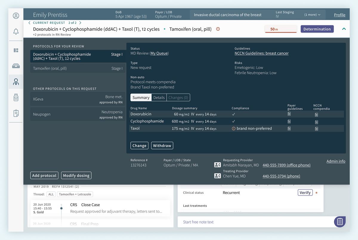 Treatment protocol example, listing protocols for review along the left and the details of the protocol, dosing information, risks, and resources for the reviewer