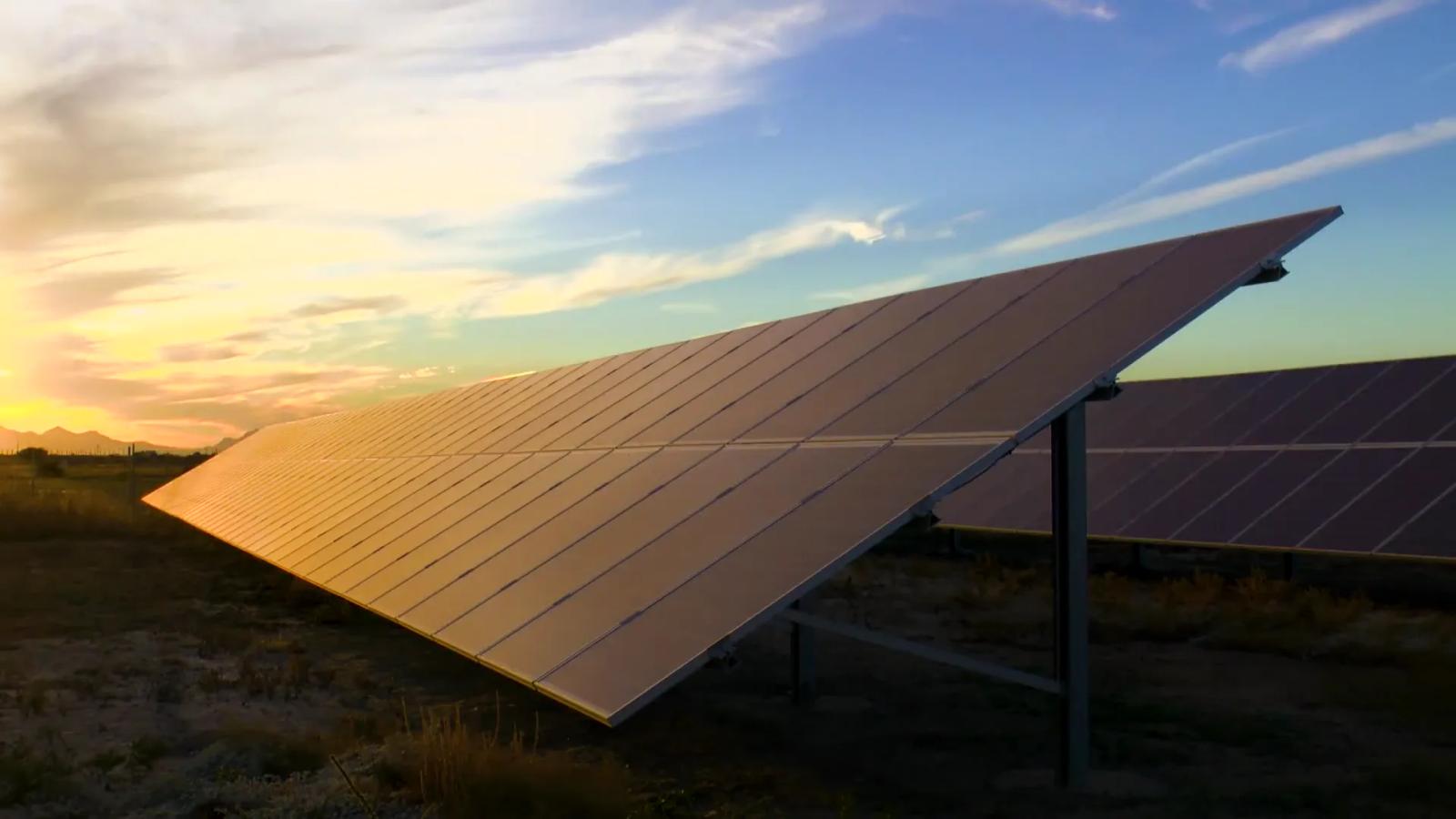 Solar panel array at sunset