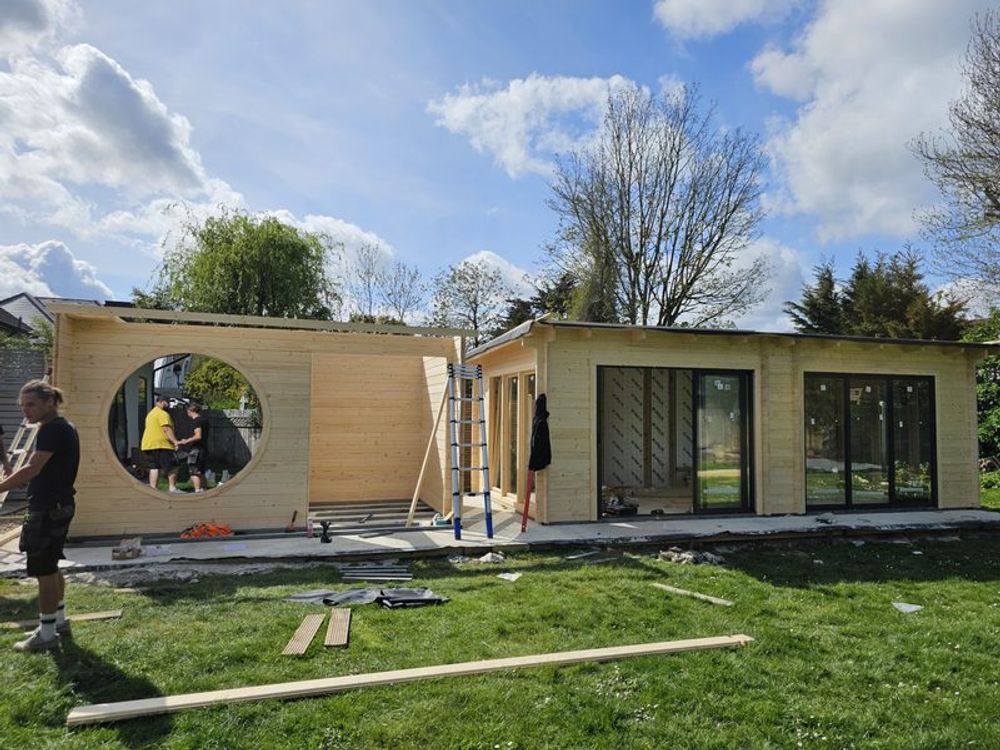 Mid-build — blue sky day — Garden Gym & Sauna by TrustBuilt Projects