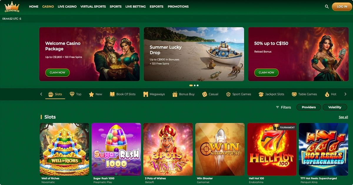 GrandWin Casino Interface and Navigation