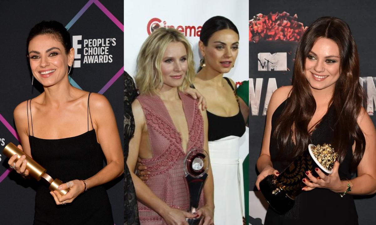 a collage of Mila Kunis from different award ceremonies in which she recieved awards for her acting roles.