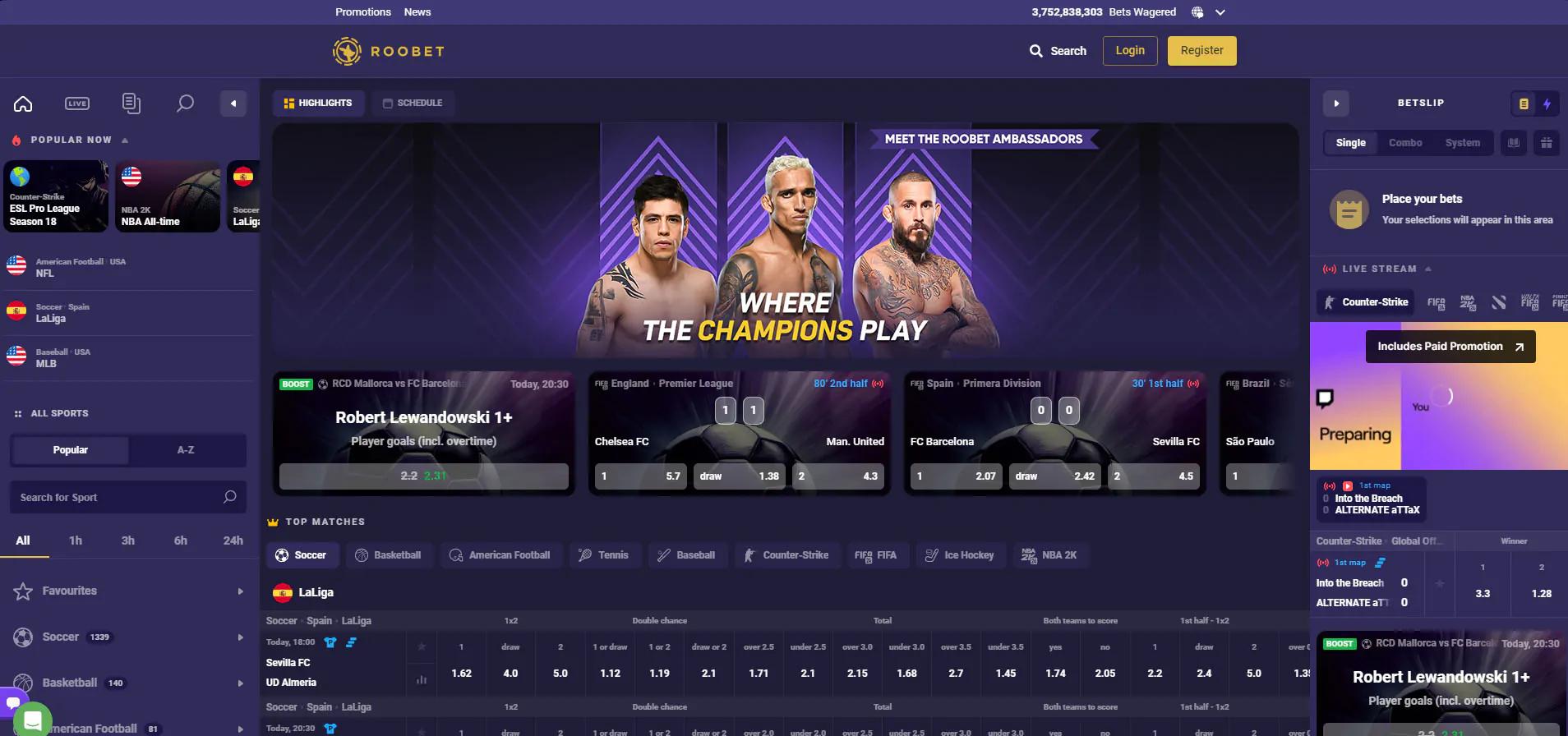 Roobet Sports betting page