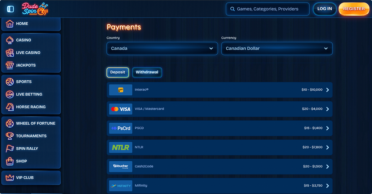 Deposit Methods in and out of Dudespin Online Casino