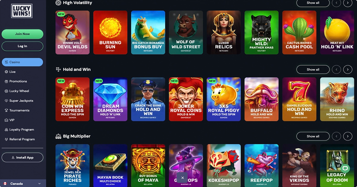 LuckyWins Game Selection and Categories