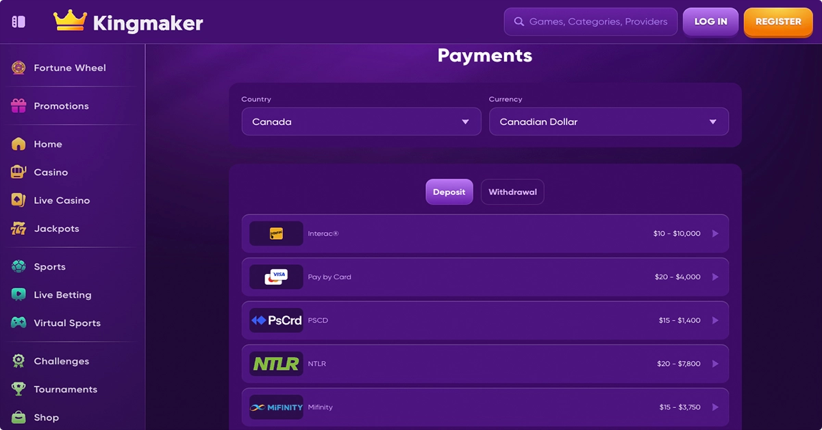 Payments Methods Available on Kingmaker Online Casino