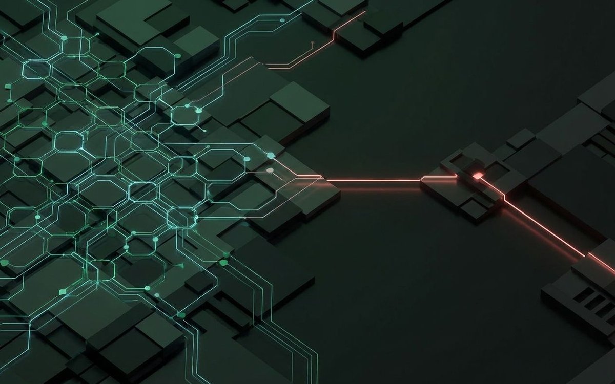 An adaptive defender network reshapes digital pathways as a red adversarial signal probes the changing terrain.