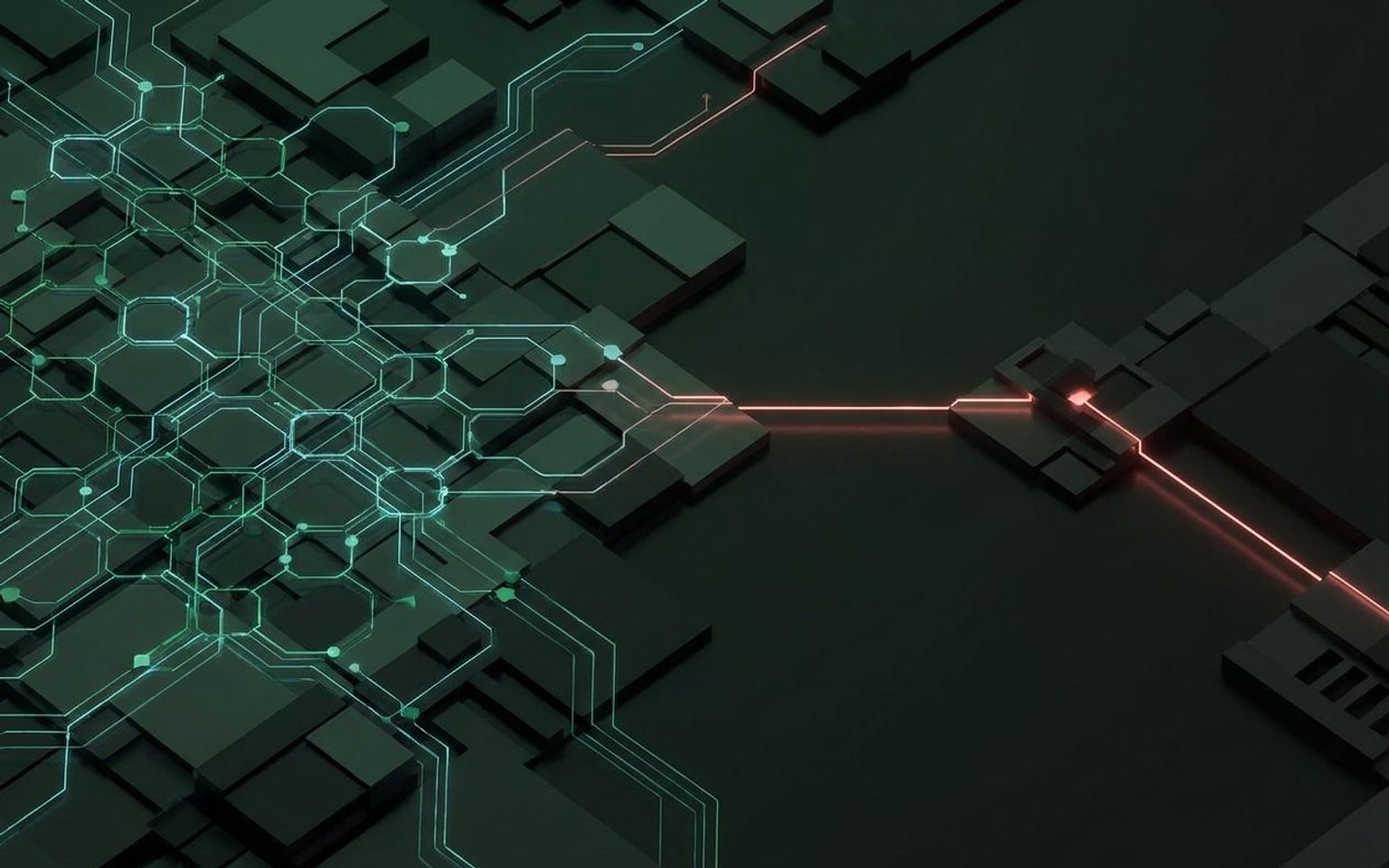 An adaptive defender network reshapes digital pathways as a red adversarial signal probes the changing terrain.