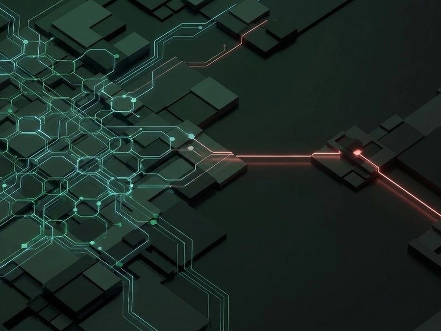 An adaptive defender network reshapes digital pathways as a red adversarial signal probes the changing terrain.