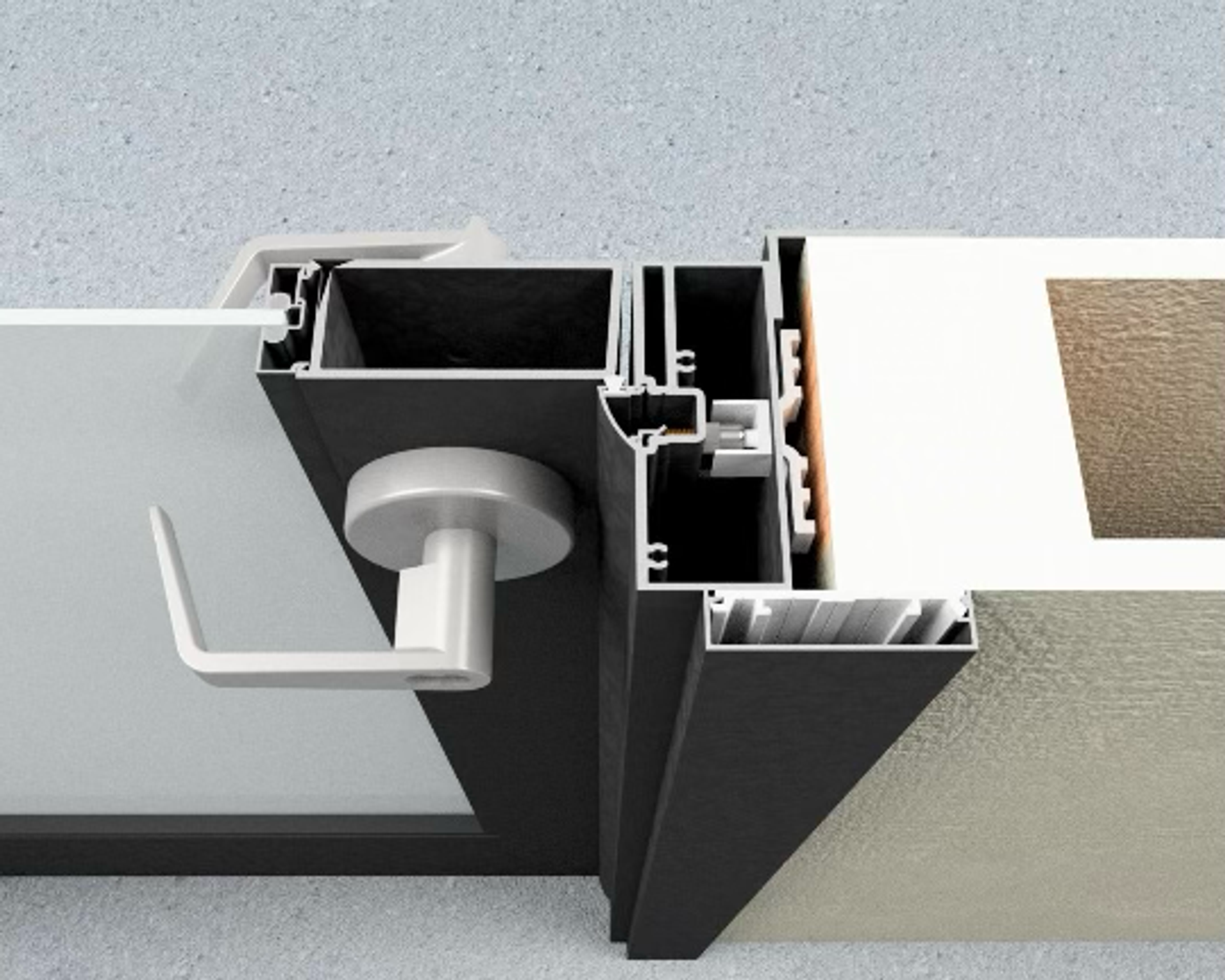 Trimmed aluminum door system cutaway diagram showing snap-trim profile