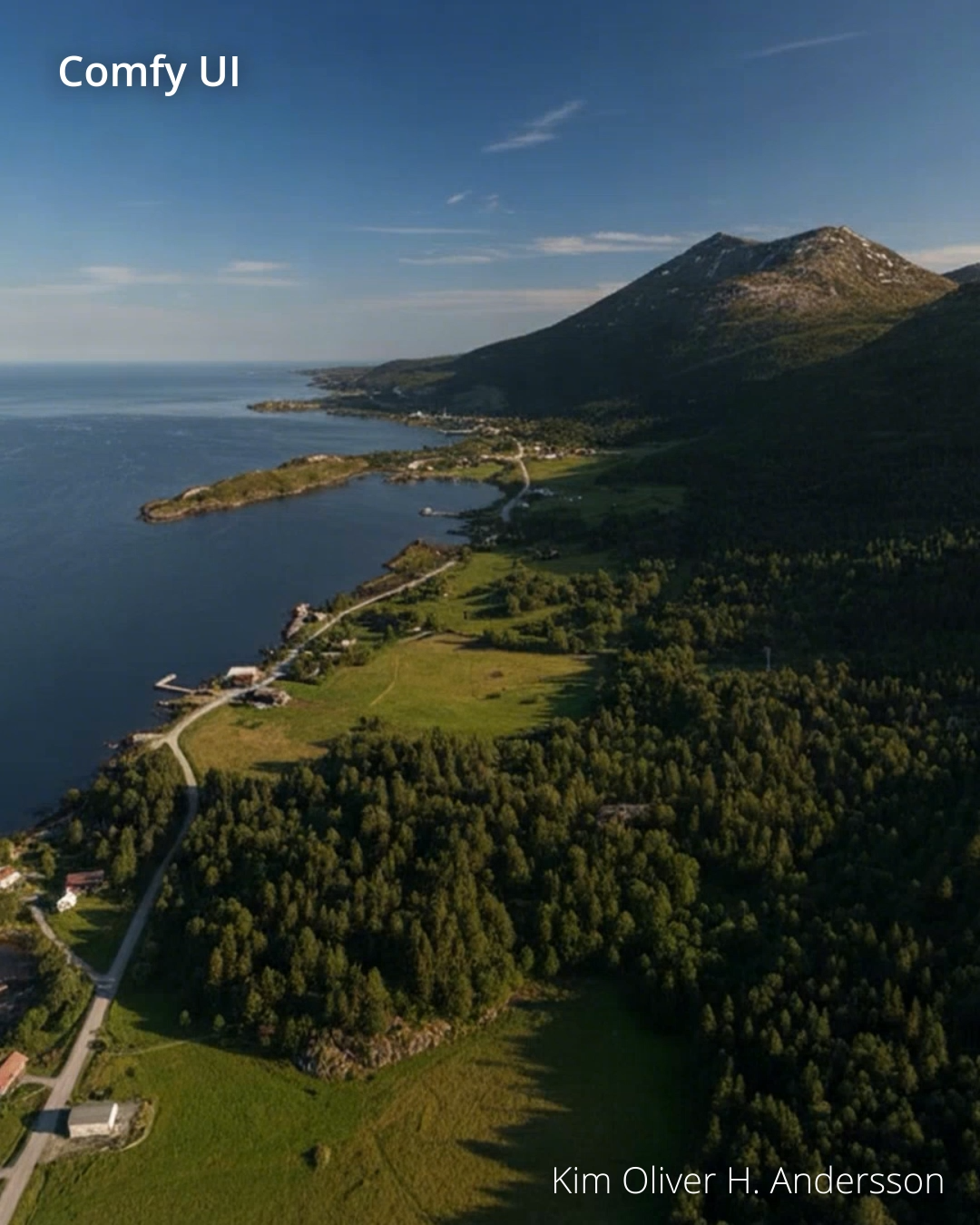 Generated landscape with a fjord, forest, and mountains from the Telenor geodata test.