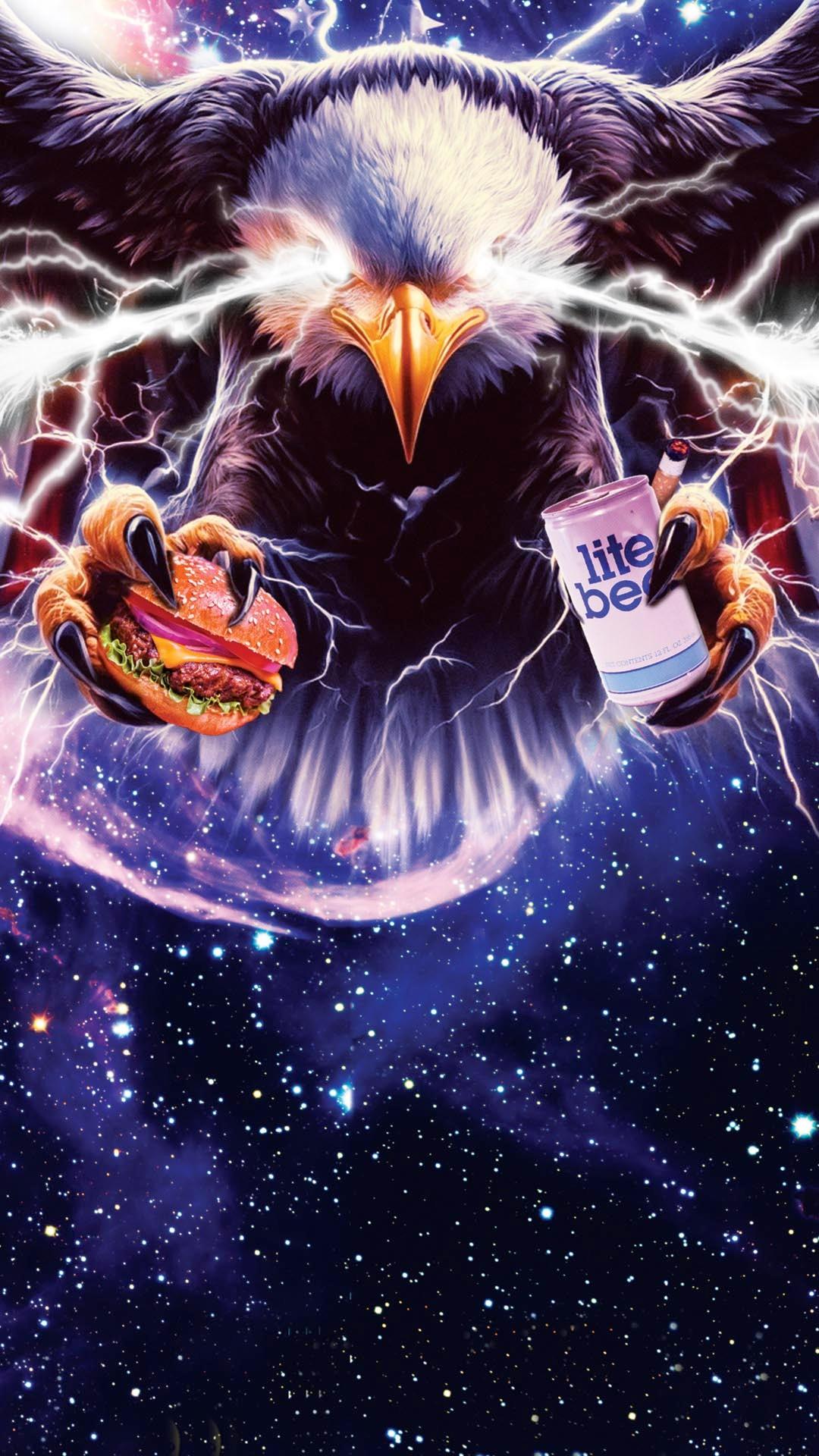 Bald Eagle with lightning coming out of its eyes holding a hamburger and lite beer in it's talons