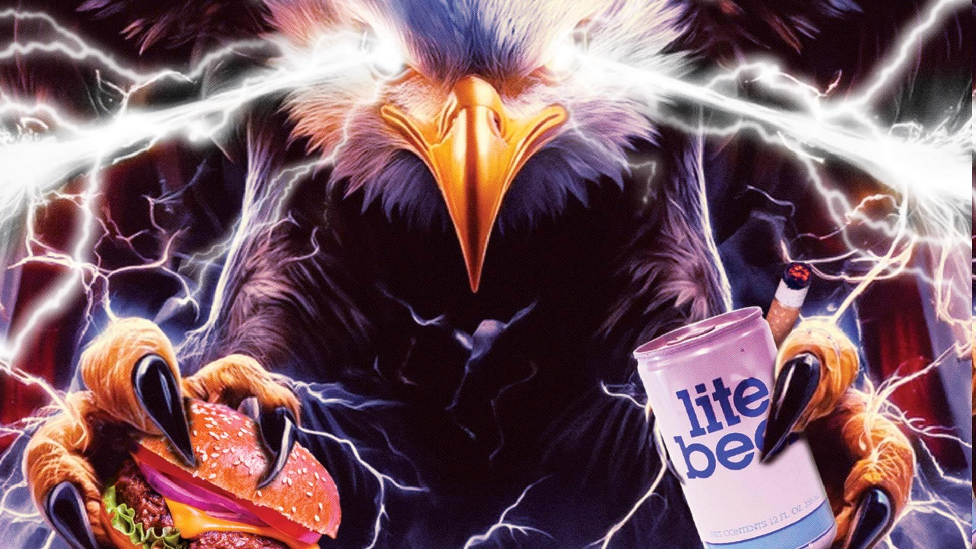 Bald Eagle with lightning coming out of its eyes holding a hamburger and lite beer in it's talons