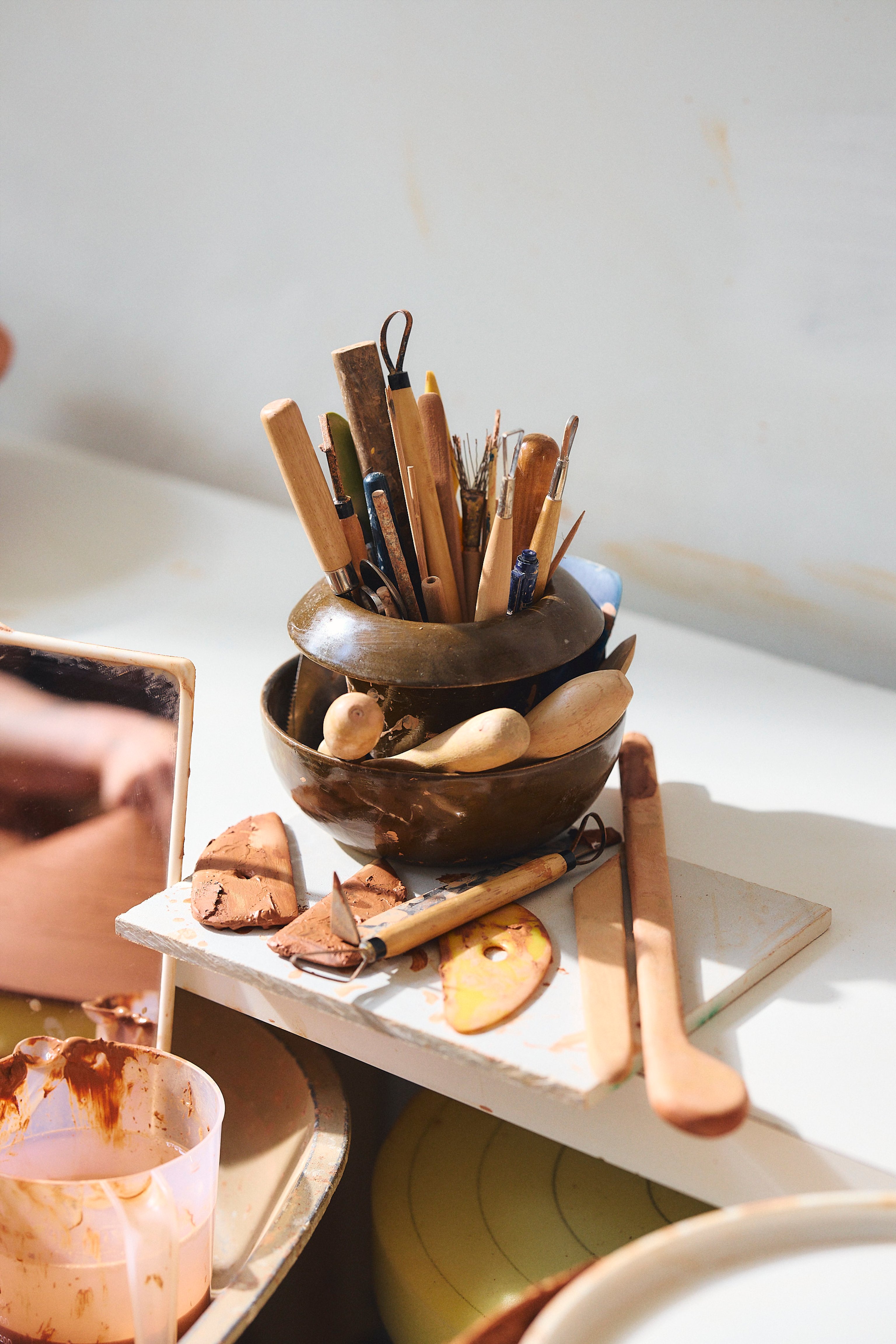 A collection of wooden clay tools in Belinda Wiltshire's Studio