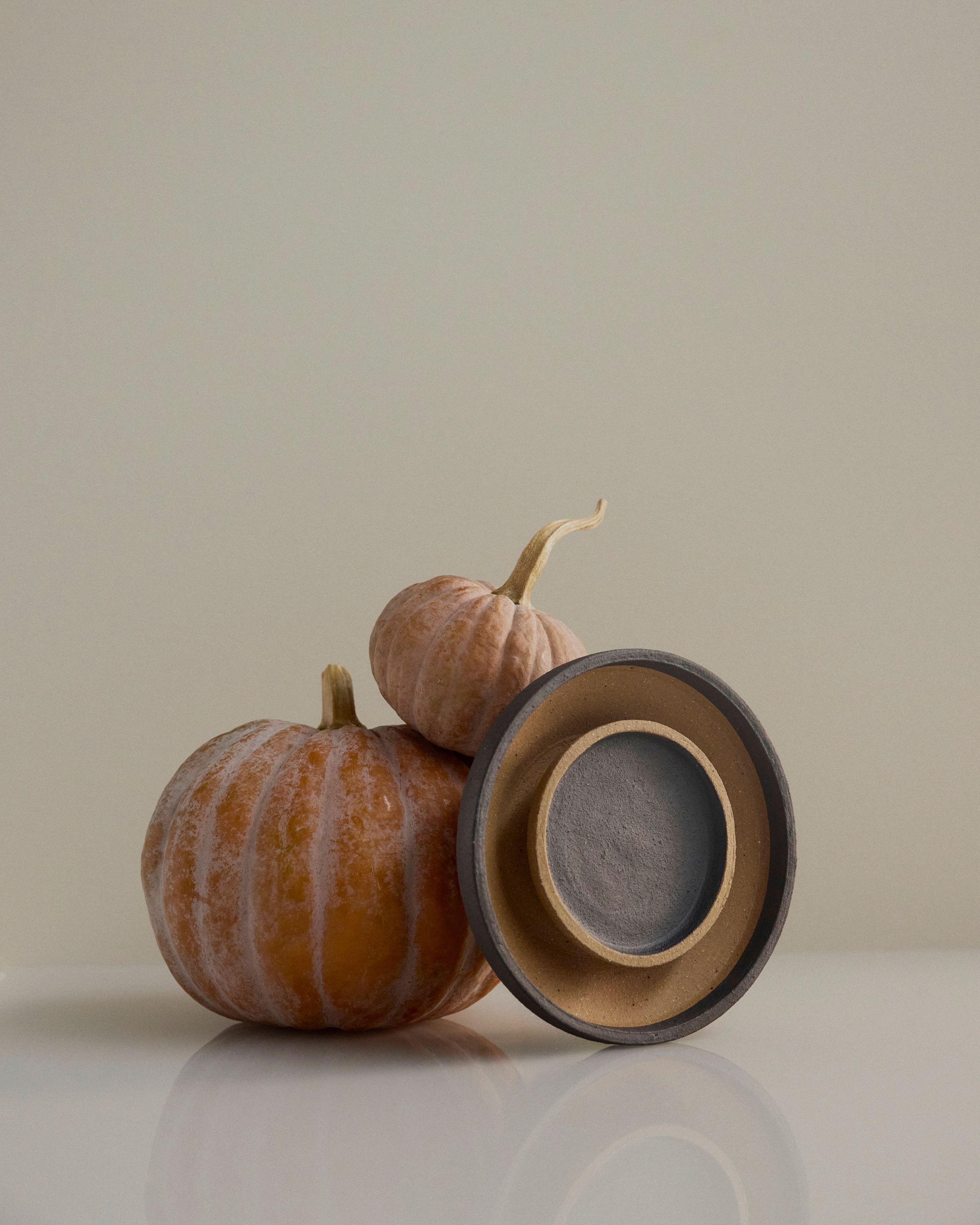 Chorus Wall Light in Mid-Fire Clay, sitting with two small pumpkins.