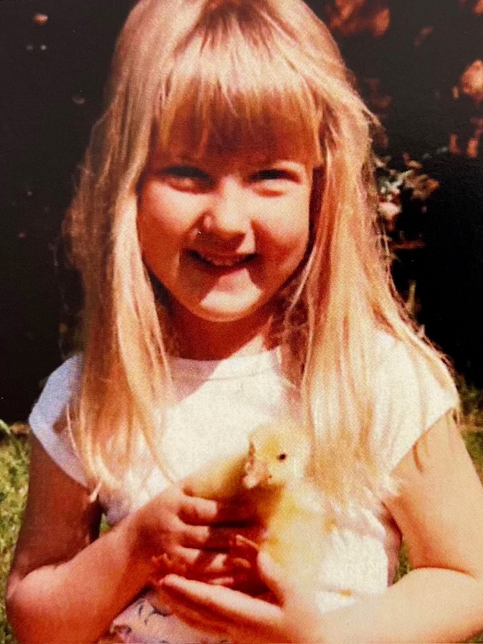 Kate with her pet gosling Egg Flip in the 80s