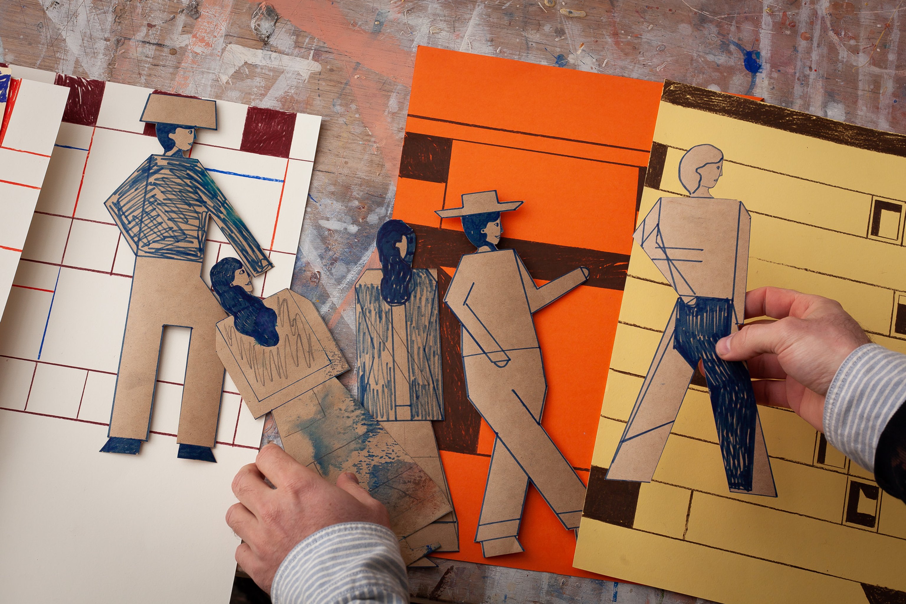 A Mark Alsweiler artwork with cut out cartoon figures and coloured geometric background
