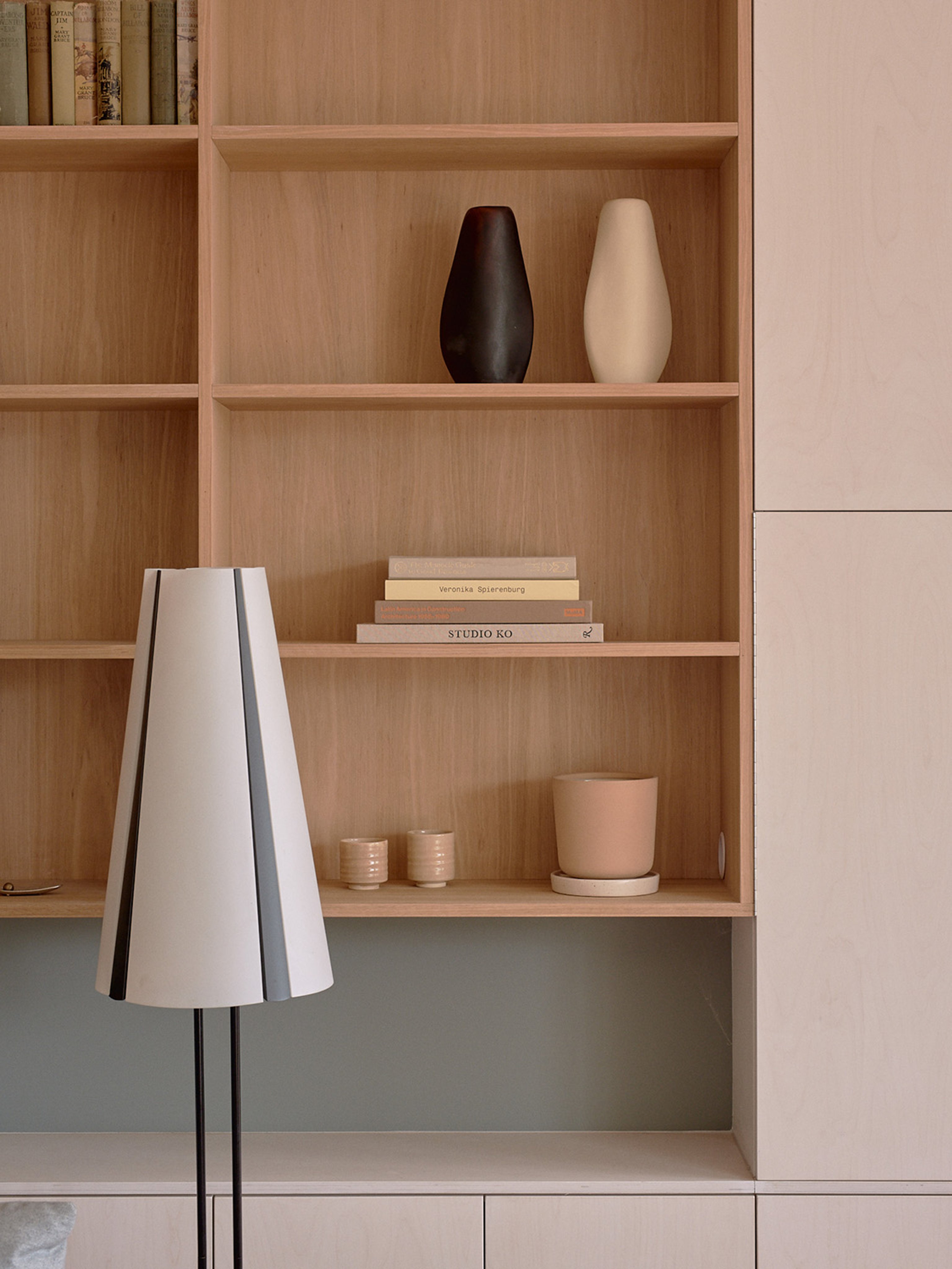 A close up shot of custom timber shelving unit at Wendy House by Ha
