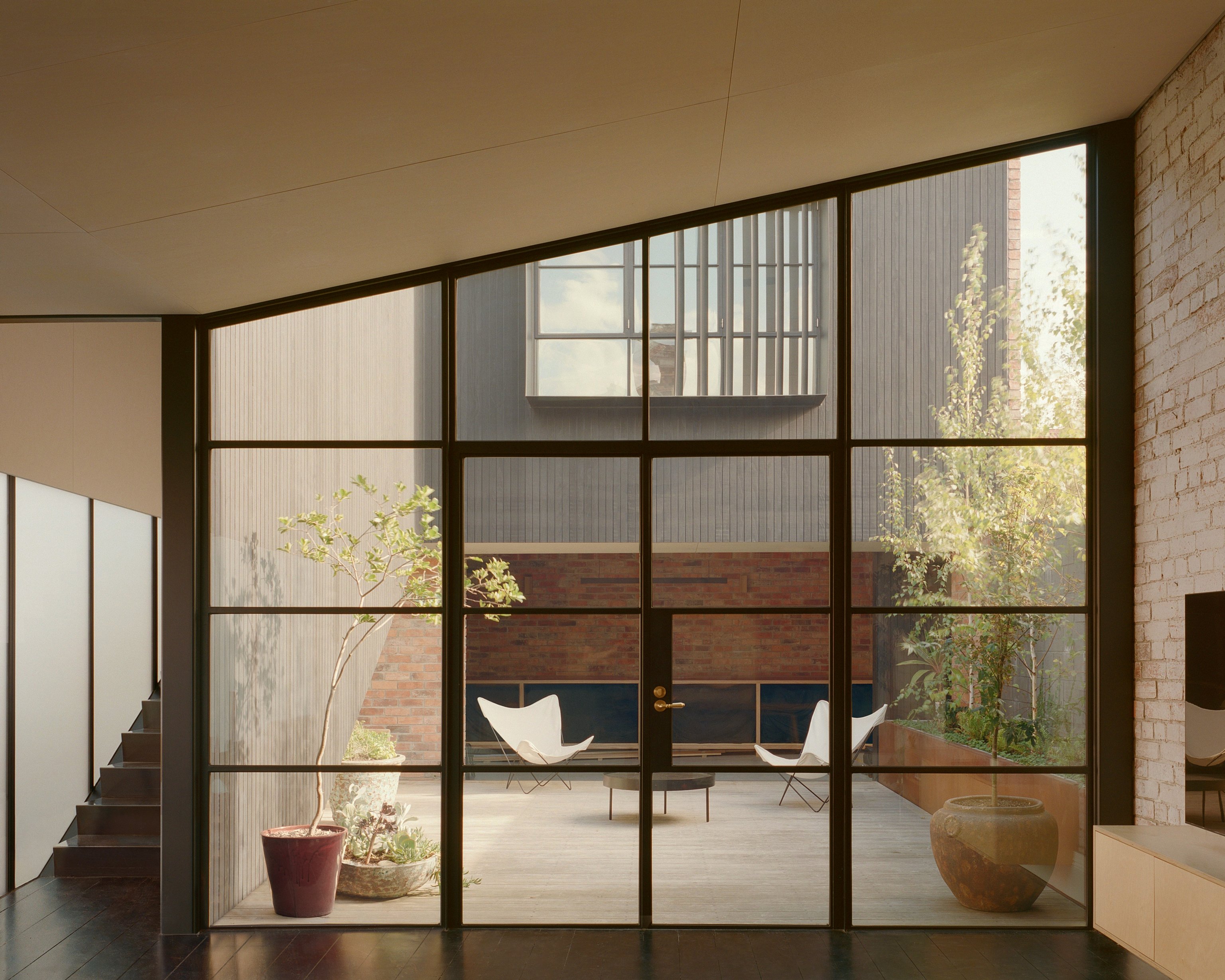 Large internal glass windows and doors of House B, looking into a internal courtyard