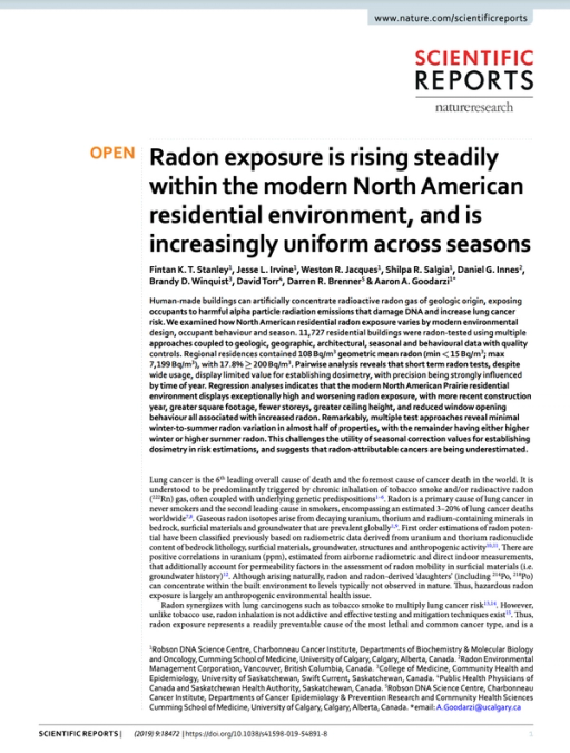Radon exposure is rising steadily within the modern North American residential environment, and is increasingly uniform across seasons