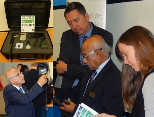 A collage of three images displaying people testing out a box of tools labeled 'Green Home Energy Toolkit'