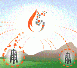 Vector art for WellWiki depicting fire in the sky leading down to oil rigs