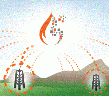 Vector art for WellWiki depicting fire in the sky leading down to oil rigs