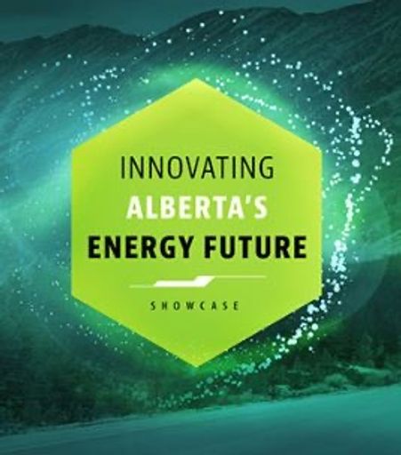 Green glowing orb overlaid with text reading "Innovating Alberta's Energy Future Showcase"