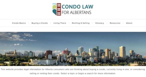 Screenshot of Condo Law for Albertans website navigation and hero image. Text reads 'This website provides legal information for Alberta consumers who are thinking about buying a condo, currently living in one, or considering selling or renting their condo. Select a topic or begin a search for more information.'