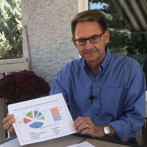 A man in a blue shirt with rolled-up sleeves holds up a document with pie charts