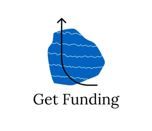 Text reading 'Get Funding' next to blue wavy vector artwork and a black arrow