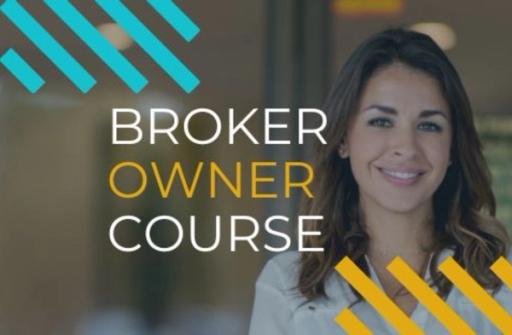 Text reading "Broker Owner Course" overlaying a photo of a smiling woman