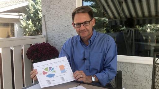 a man in a blue shirt holds up a piece of paper with pie charts and bar graphs on the front.